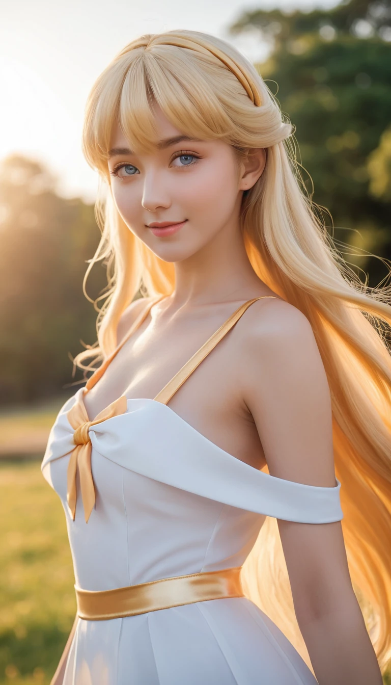 Fröhliche blonde Anime-Frau im Outdoor-Porträt bei Sonnenuntergang