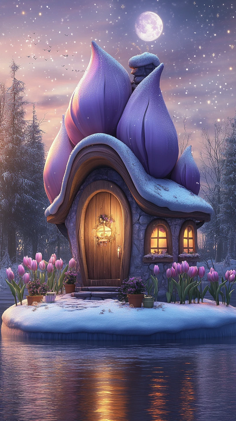 Romantico cottage a forma di tulipano su un’isola innevata di notte