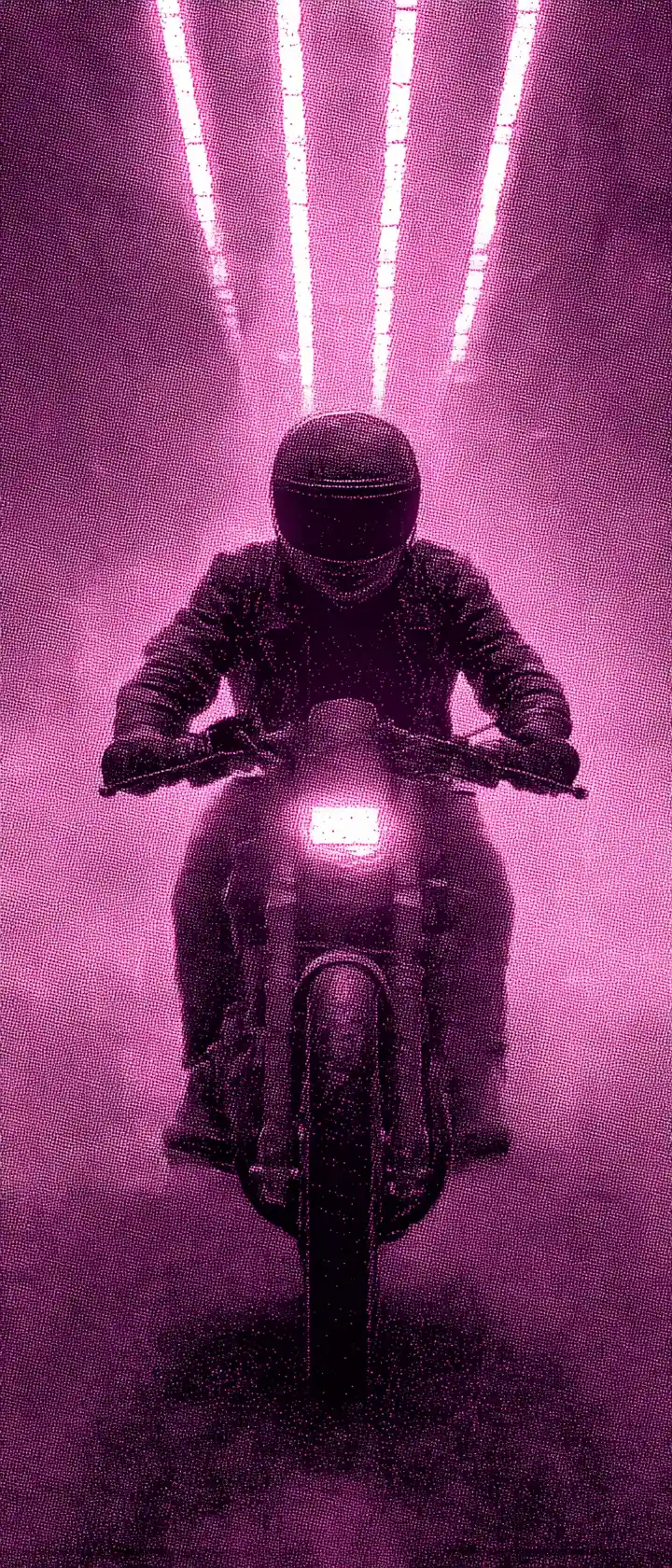 Jinete solitario acelera una motocicleta neón por un túnel oscuro