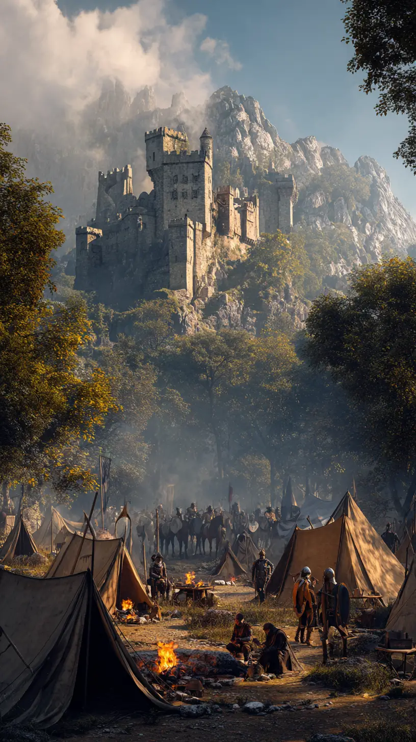 Vast ruined castle towering over a medieval army camp