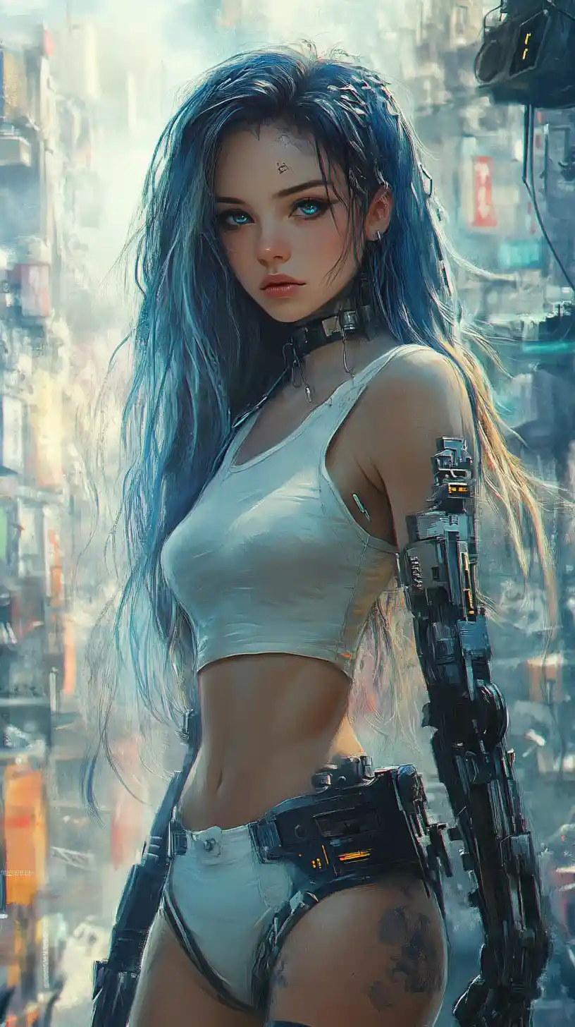 흰색 옷을 입은 스팀펑크 애니메이션 소녀와 미래 도시