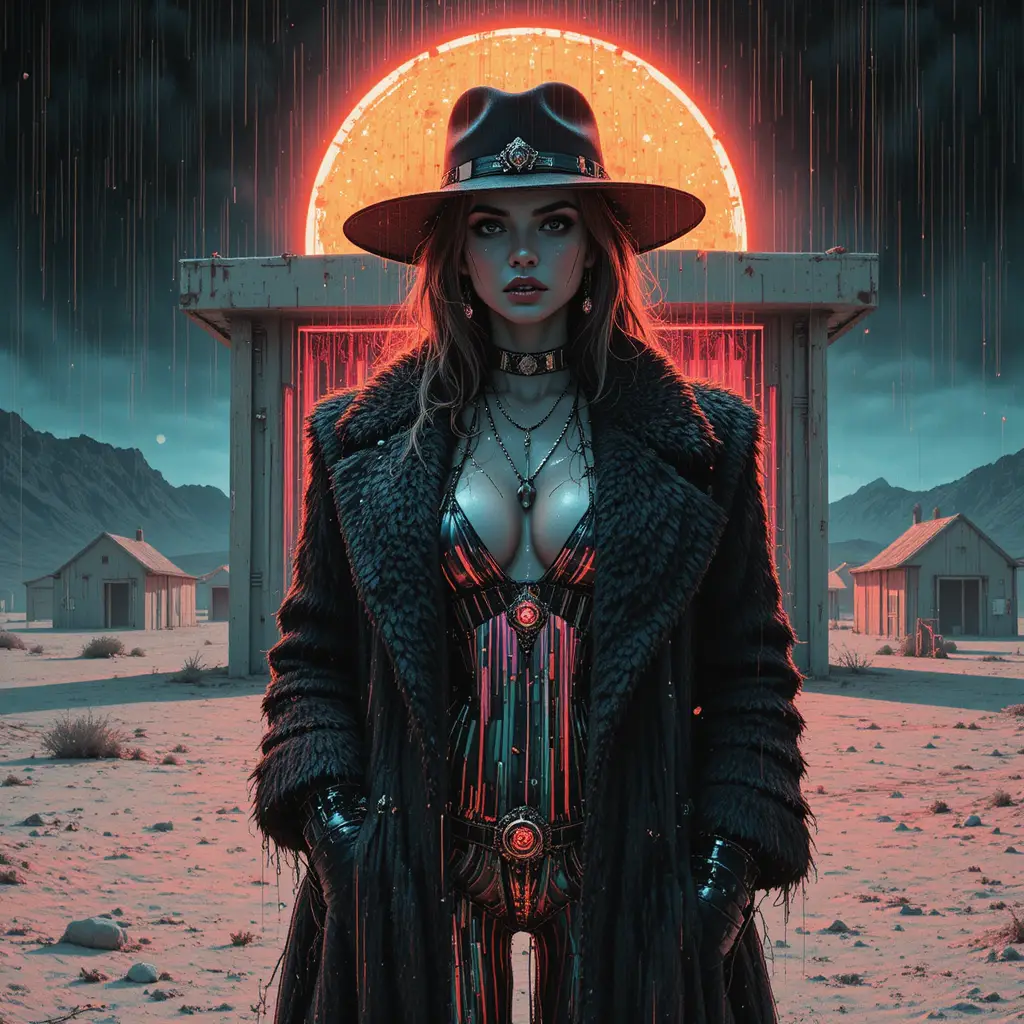 Surreal woman in desert test town with glowing data body