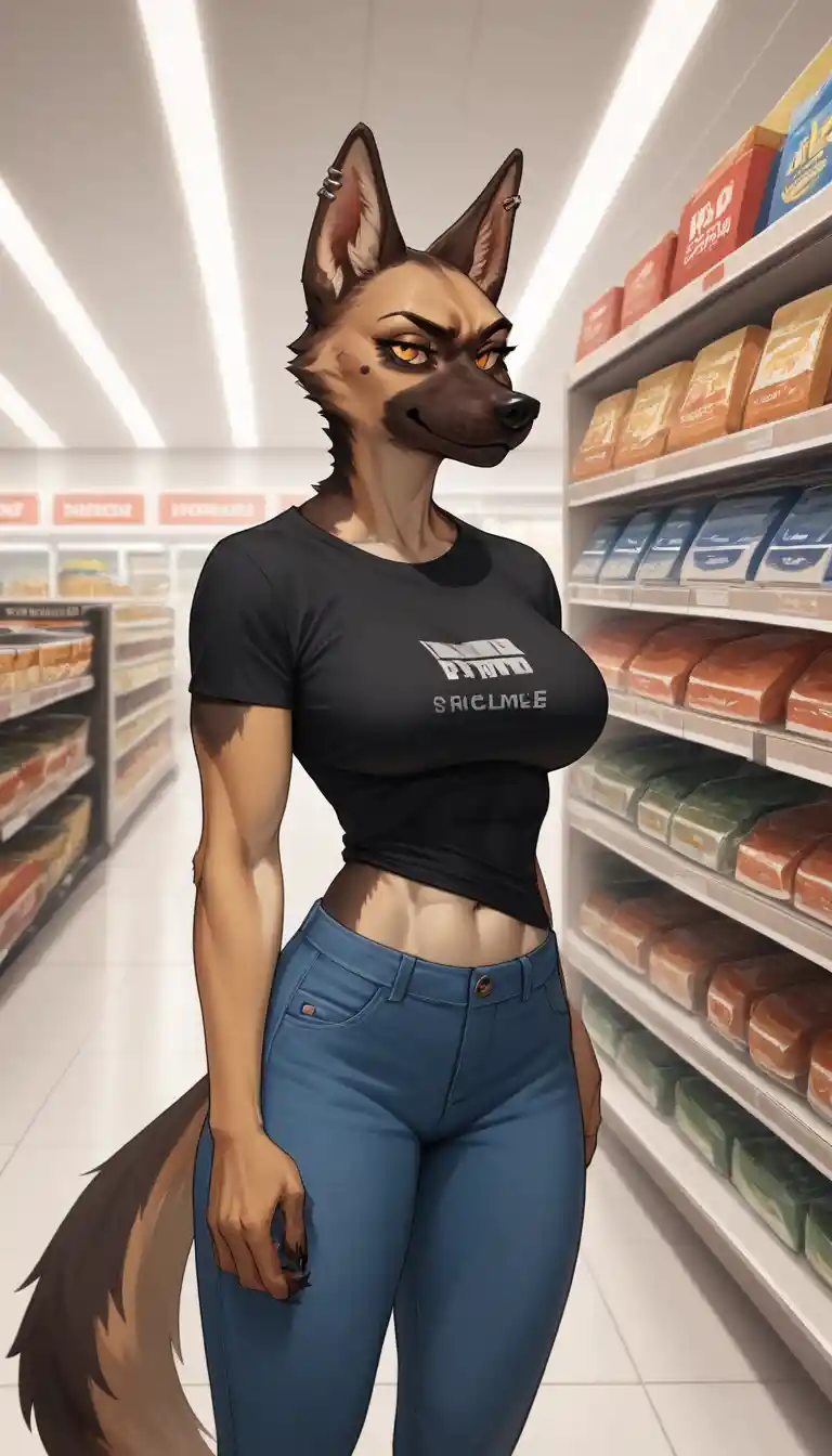 Anthro woman behind a convenience store counter in anime style