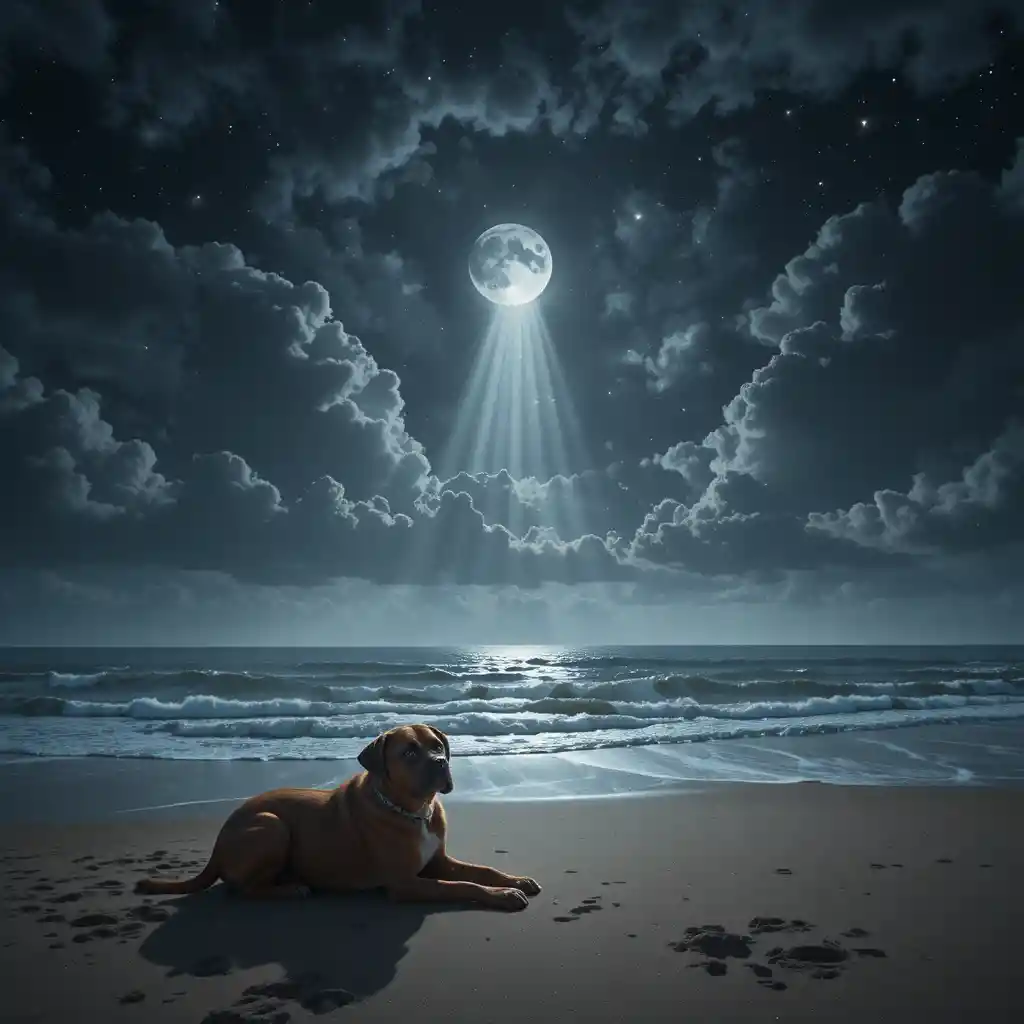 Chien observant les rayons de lune au-dessus d’un océan nocturne et calme