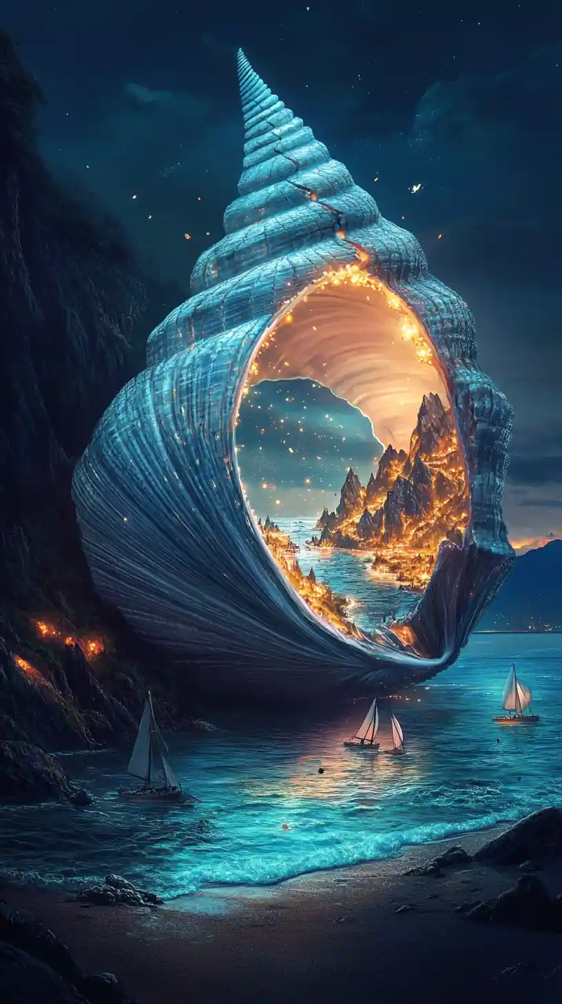 Giant seashell portal revealing a glowing inner world
