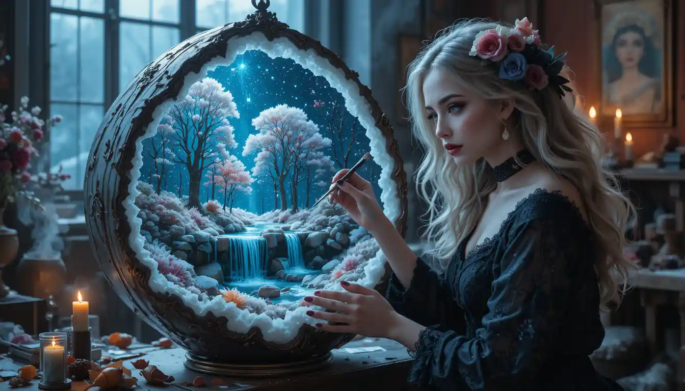 Gothic woman painting a crystal winter geode landscape