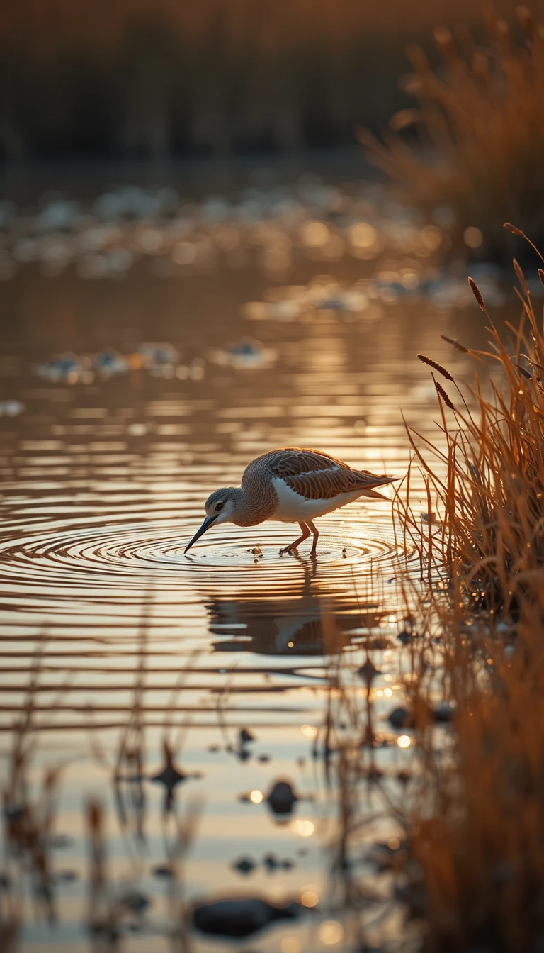 Ave costera solitaria vadeando en las aguas poco profundas doradas de la laguna al atardecer