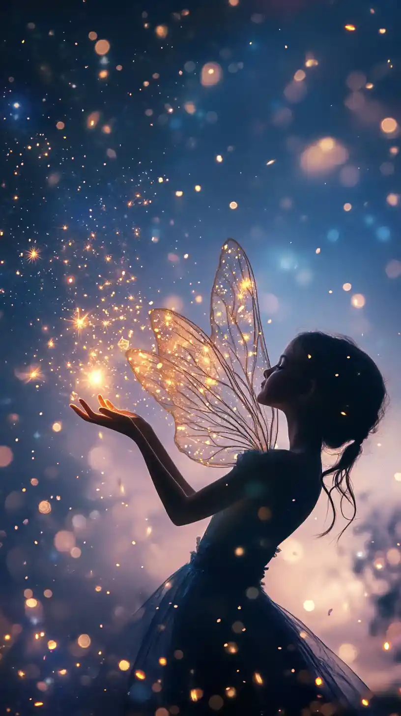 Fairy girl casting sparkling magic in the night sky