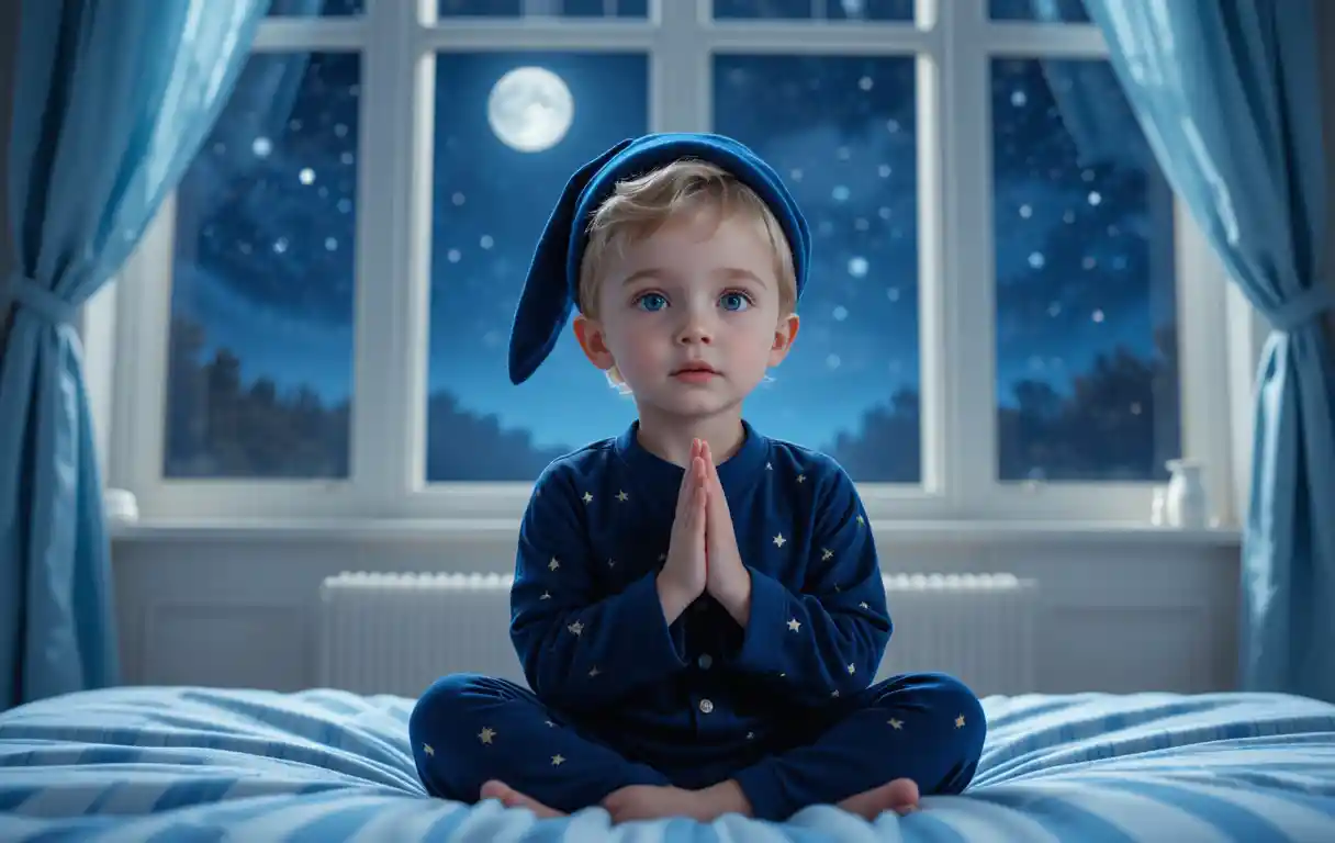 Blond little boy praying on a cozy moonlit bed
