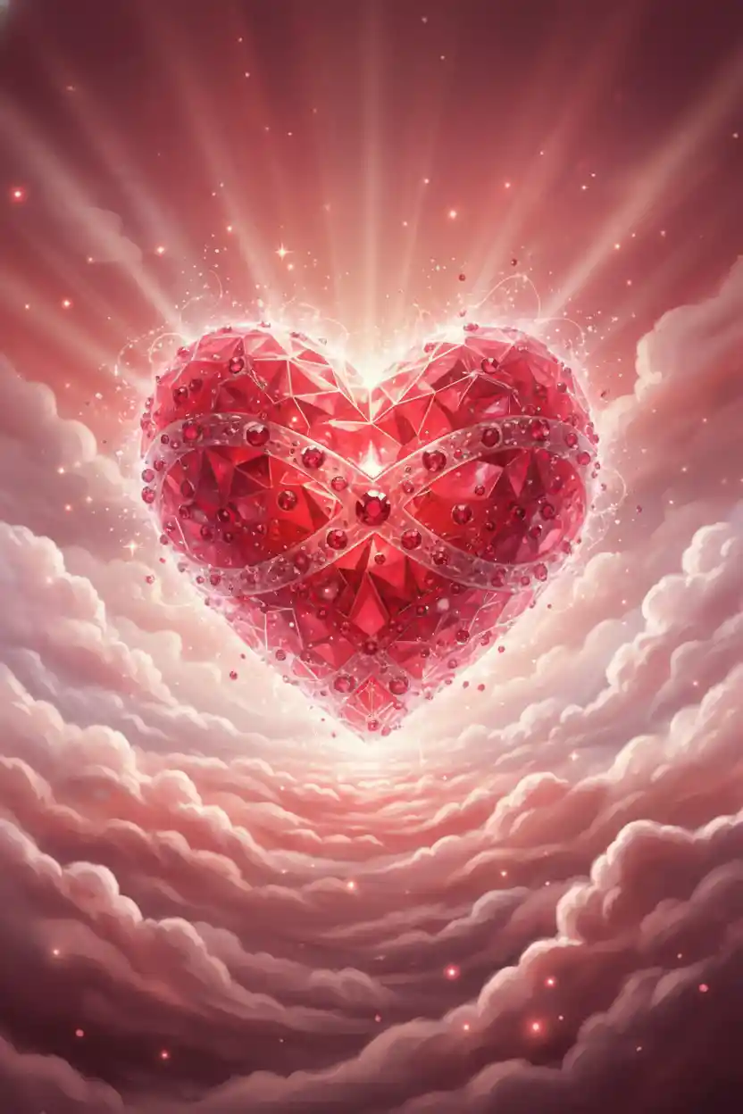 Glowing Crystal Red Heart Amid Soft Dreamy Clouds