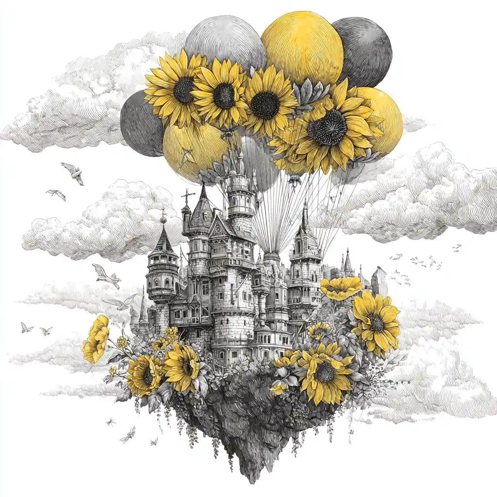 Château steampunk flottant au-dessus des nuages avec des ballons surréalistes