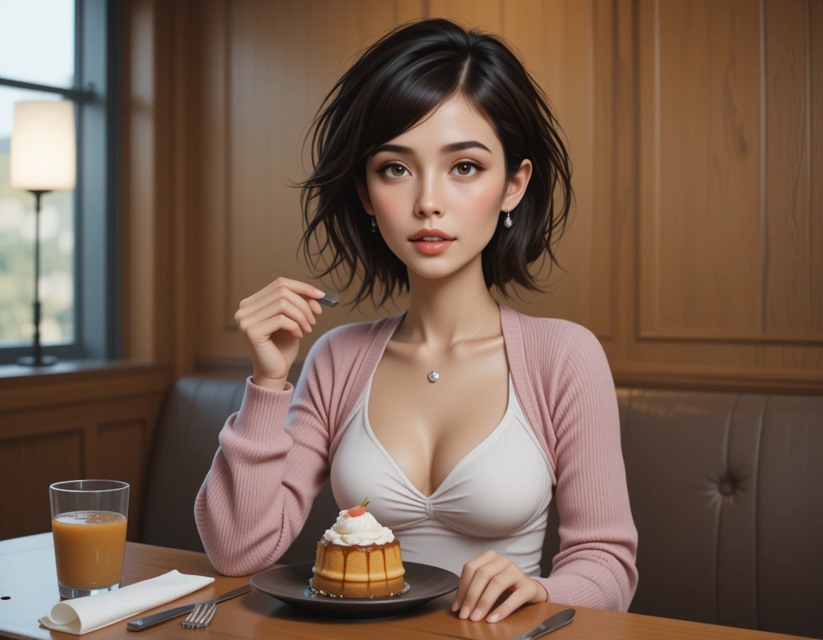 Jeune femme asiatique dégustant un dessert dans un restaurant chaleureux