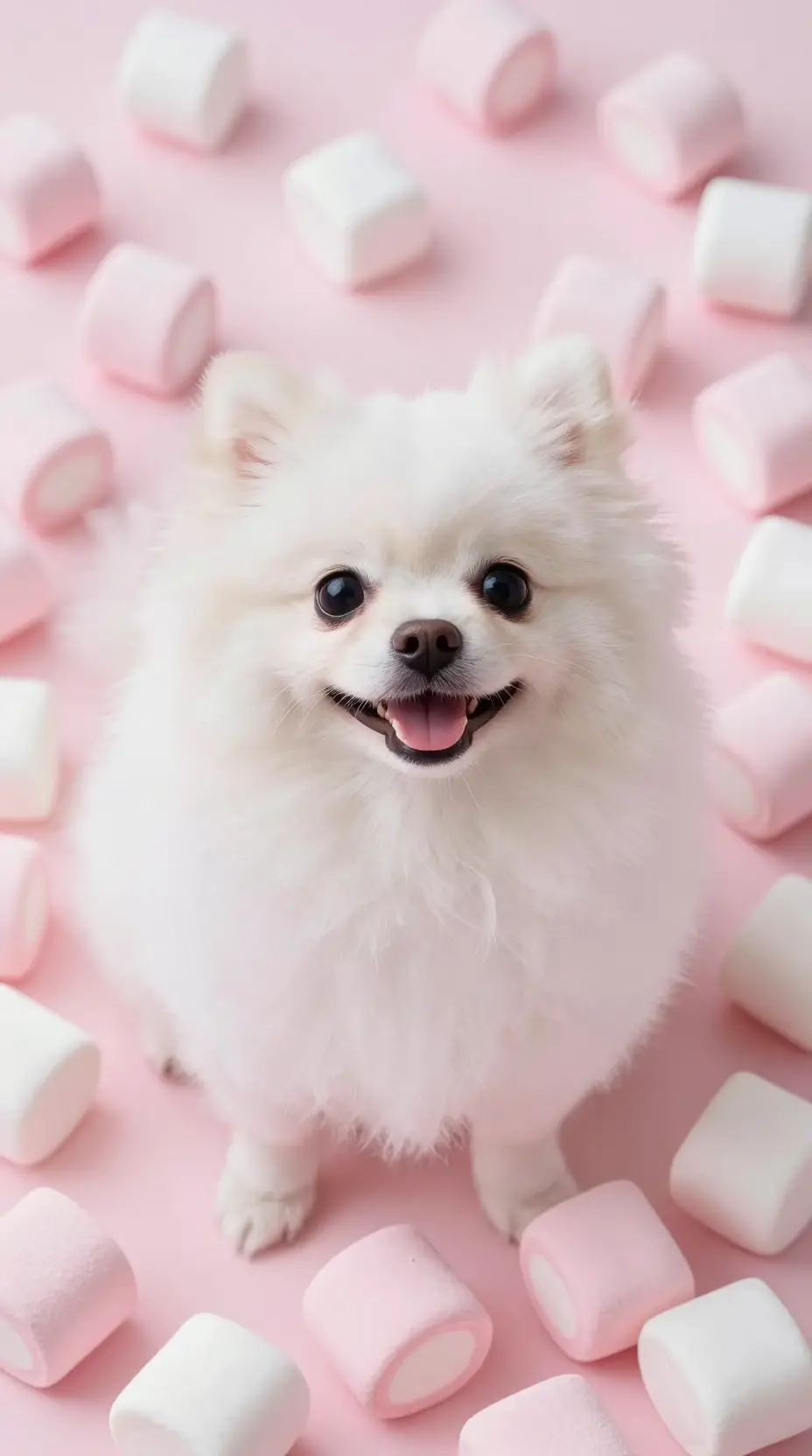 White pomeranian dog with pastel marshmallow background