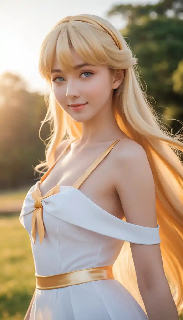Fröhliche blonde Anime-Frau im Outdoor-Porträt bei Sonnenuntergang
