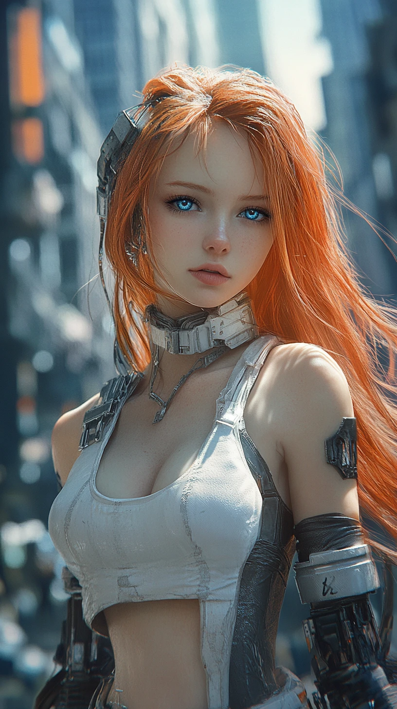 Garota de anime com design cyber steampunk em paisagem urbana