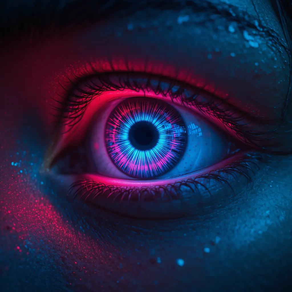 Surreal neon iris glowing like a distant cityscape