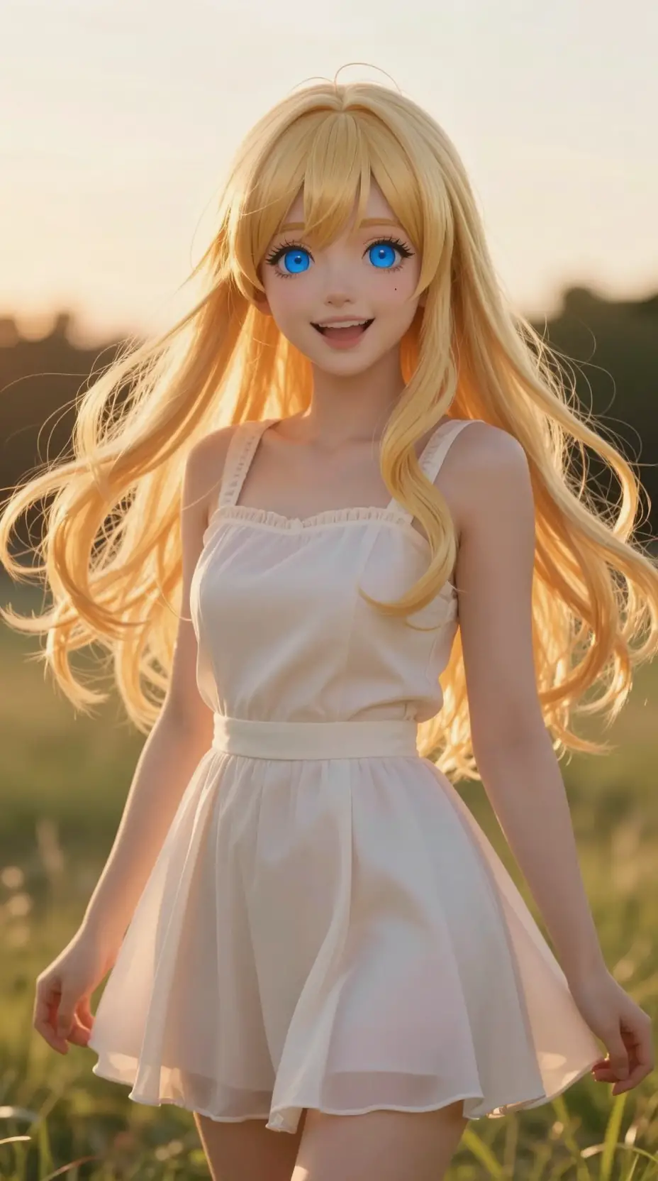 Joyful blonde anime woman at golden hour outdoors
