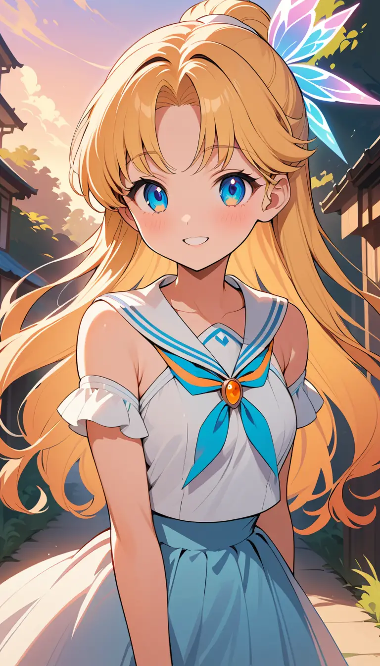 Blonde anime woman smiling in warm sunset light