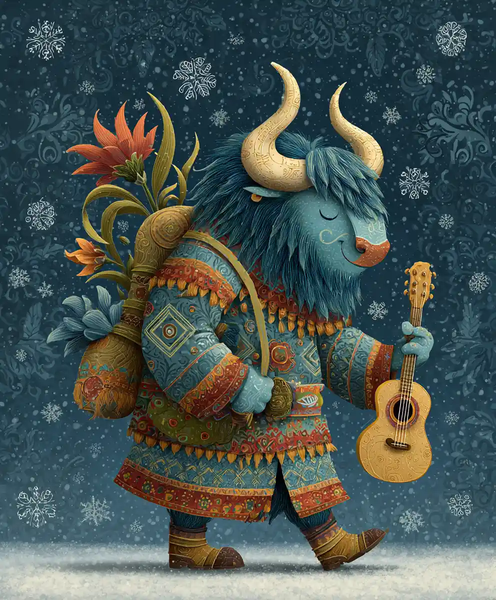 Whimsical traveling buffalo carrying a guitar through snow