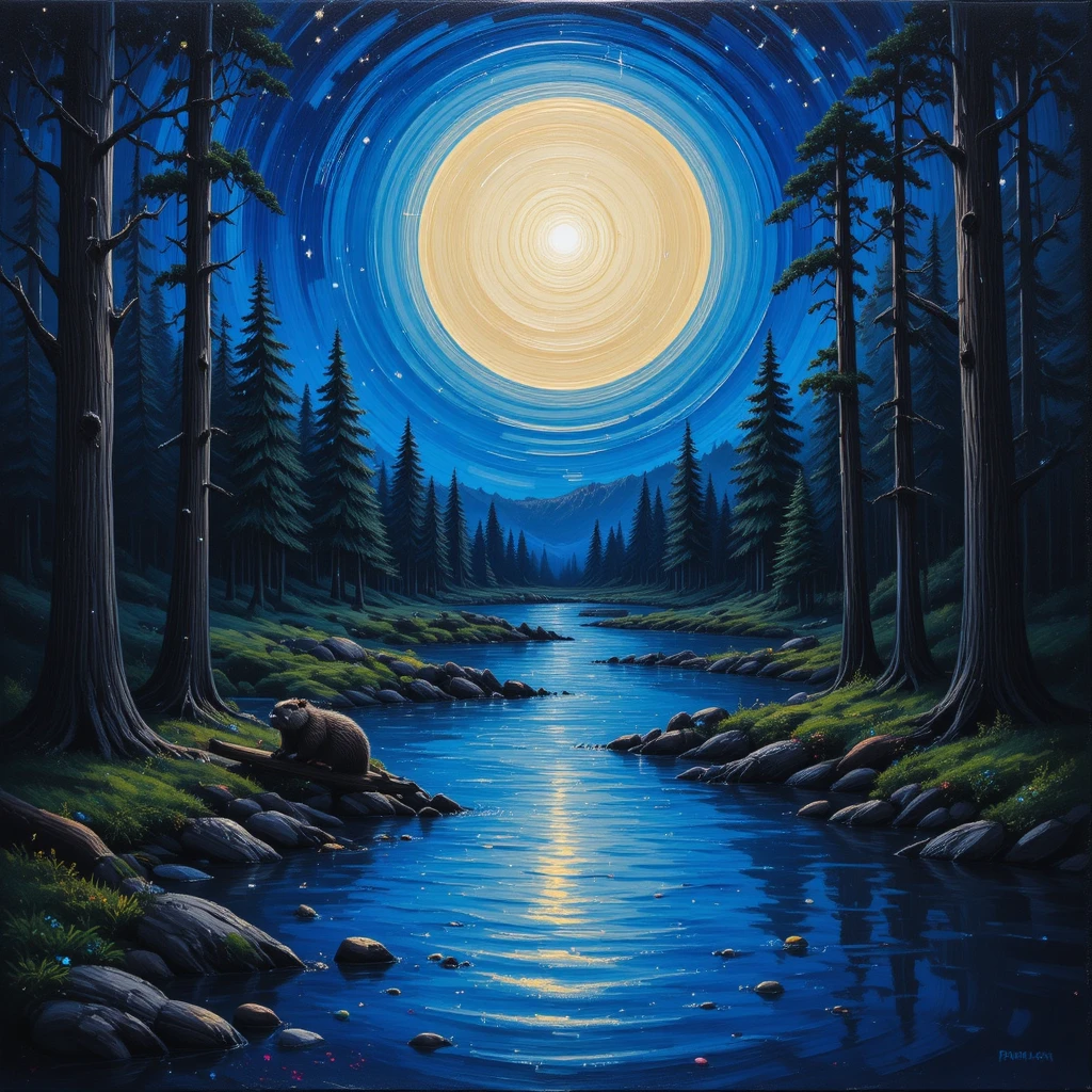 Peaceful forest stream under a bright full moon