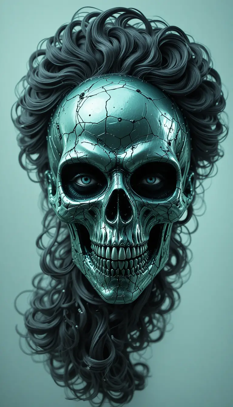 Frightening Metallic Skull Faced Woman With Charcoal Curly Hair