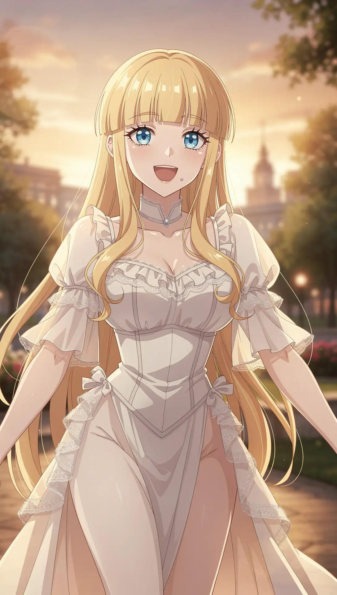 Joyful blonde anime woman at sunset in wide full shot