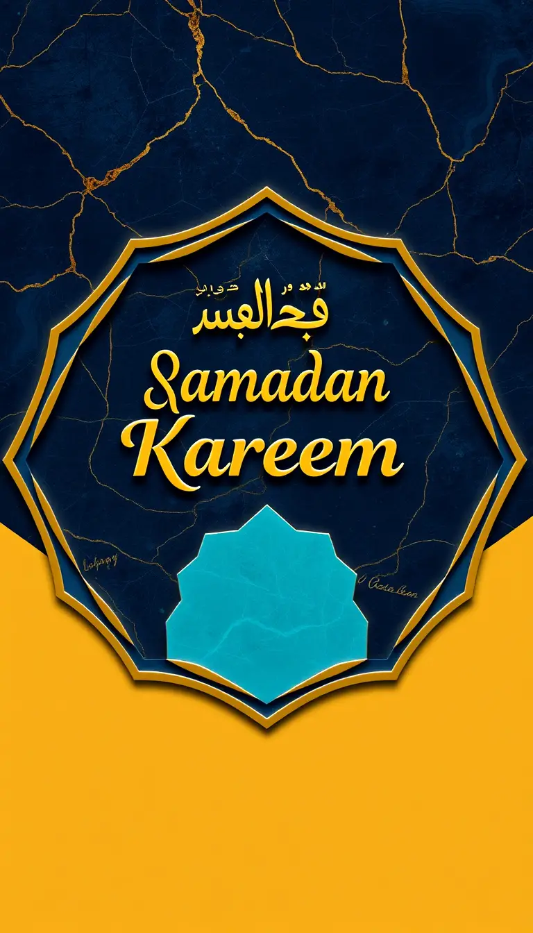 Cartolina Ramadan Kareem con calligrafia dorata e geometrie