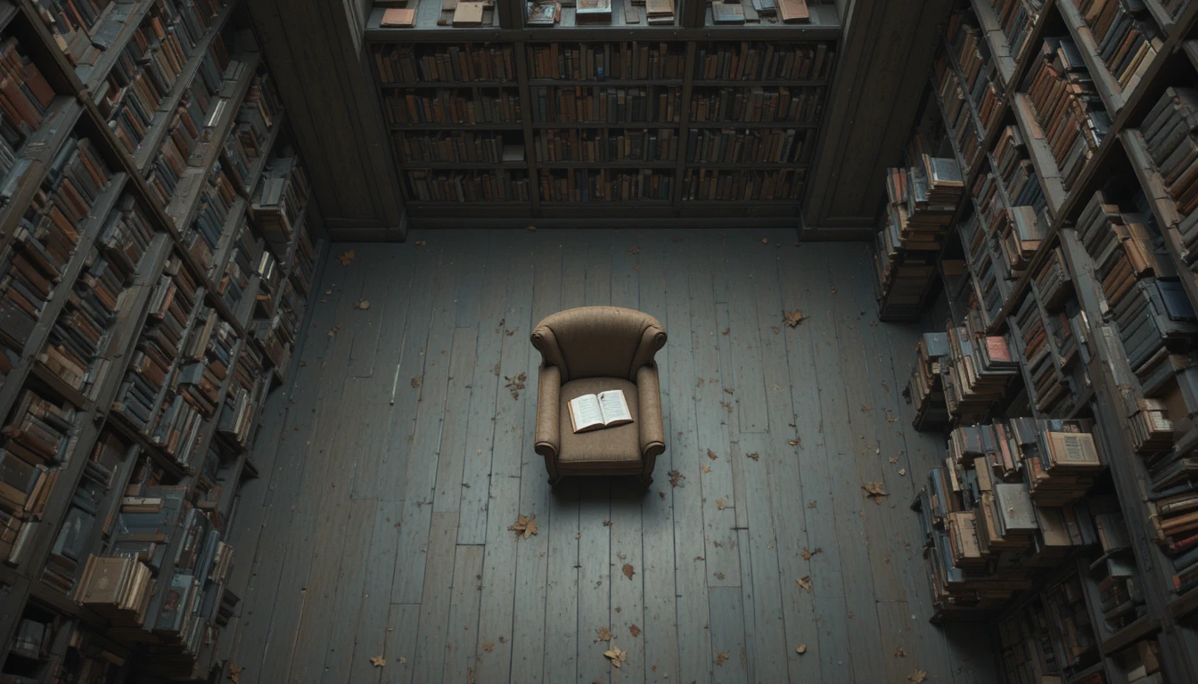 Vista dall’alto di una biblioteca silenziosa con una sola poltrona