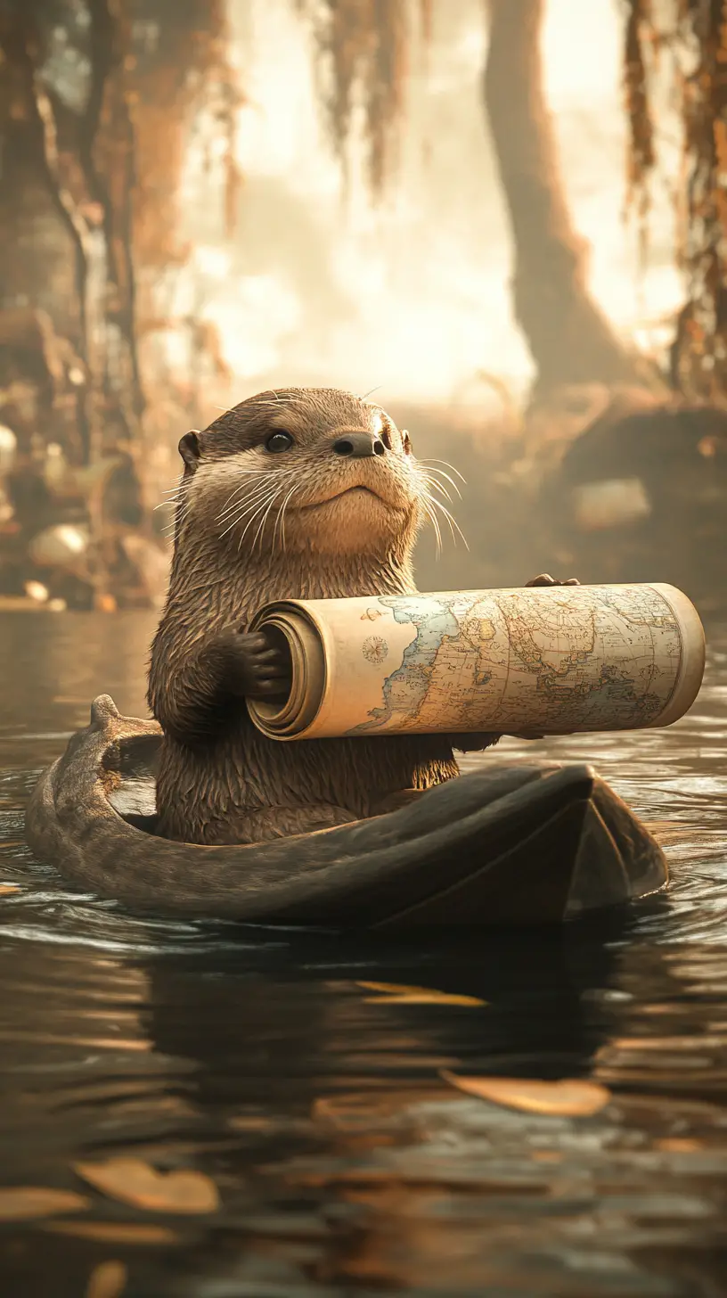 Curious otter explorer floating with a nautical map