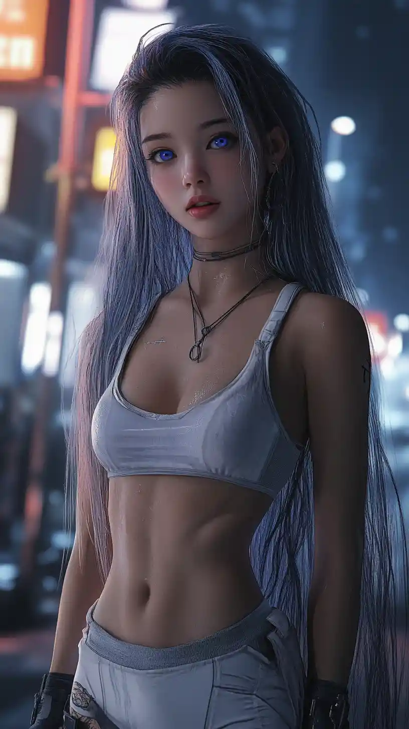 恐怖に満ちた青い瞳のアニメ少女が歩くボルチモアの街角