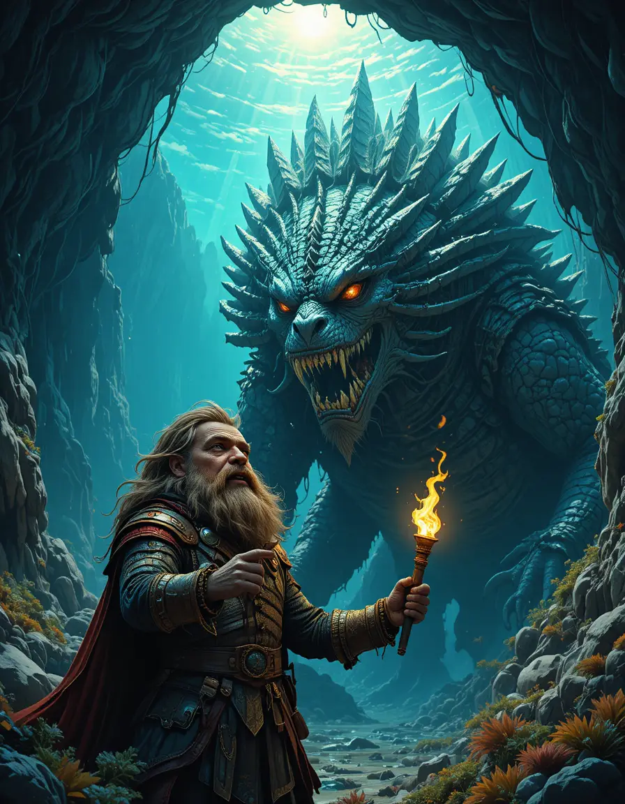 Lion warrior faces colossal dragon beast in underwater cave