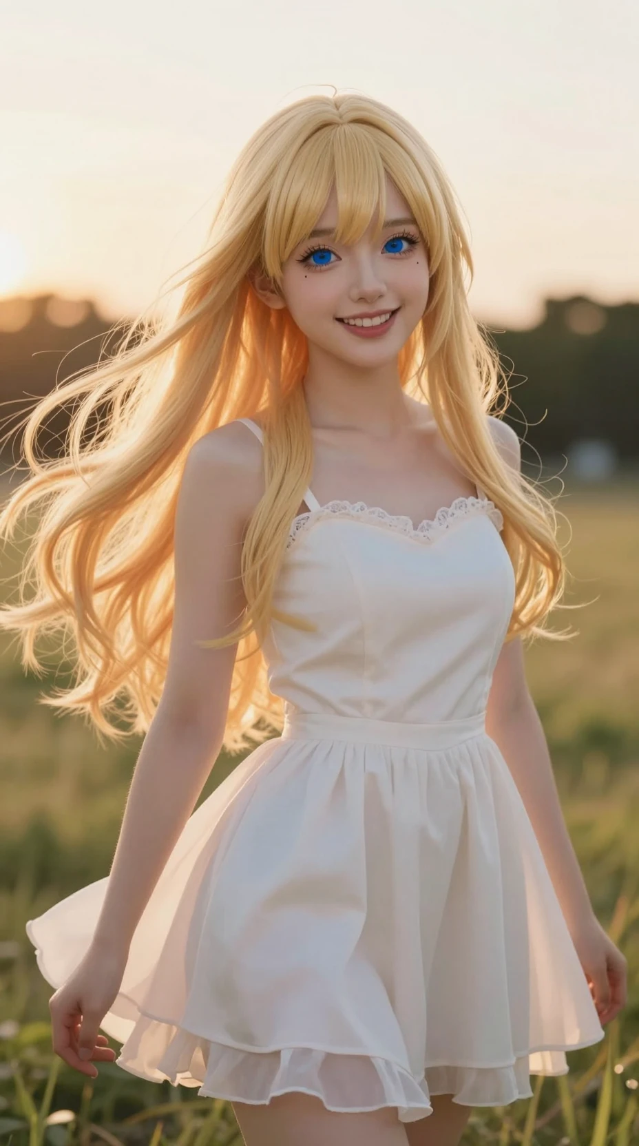 Fröhliche blonde Anime-Frau im Goldenen-Stunden-Licht