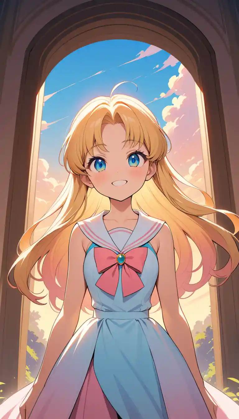 Smiling blonde anime girl at sunset in a soft dress