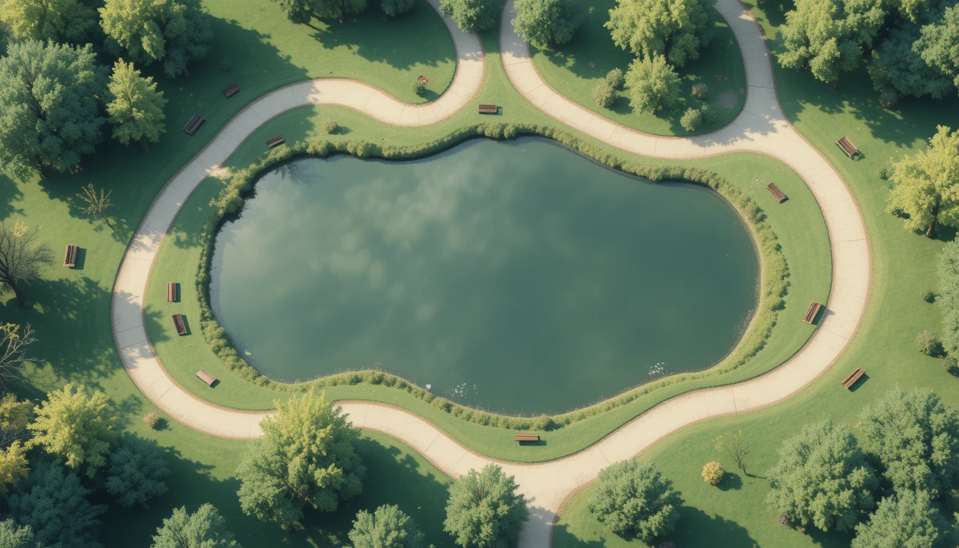 Serene overhead illustration of a pond in a city park