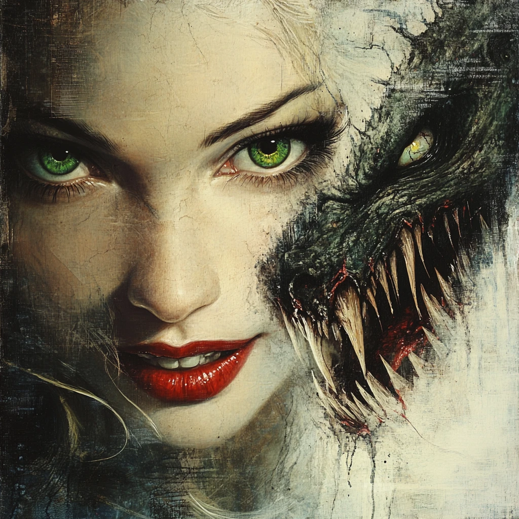 Beautiful woman with demon face emerging in horror style