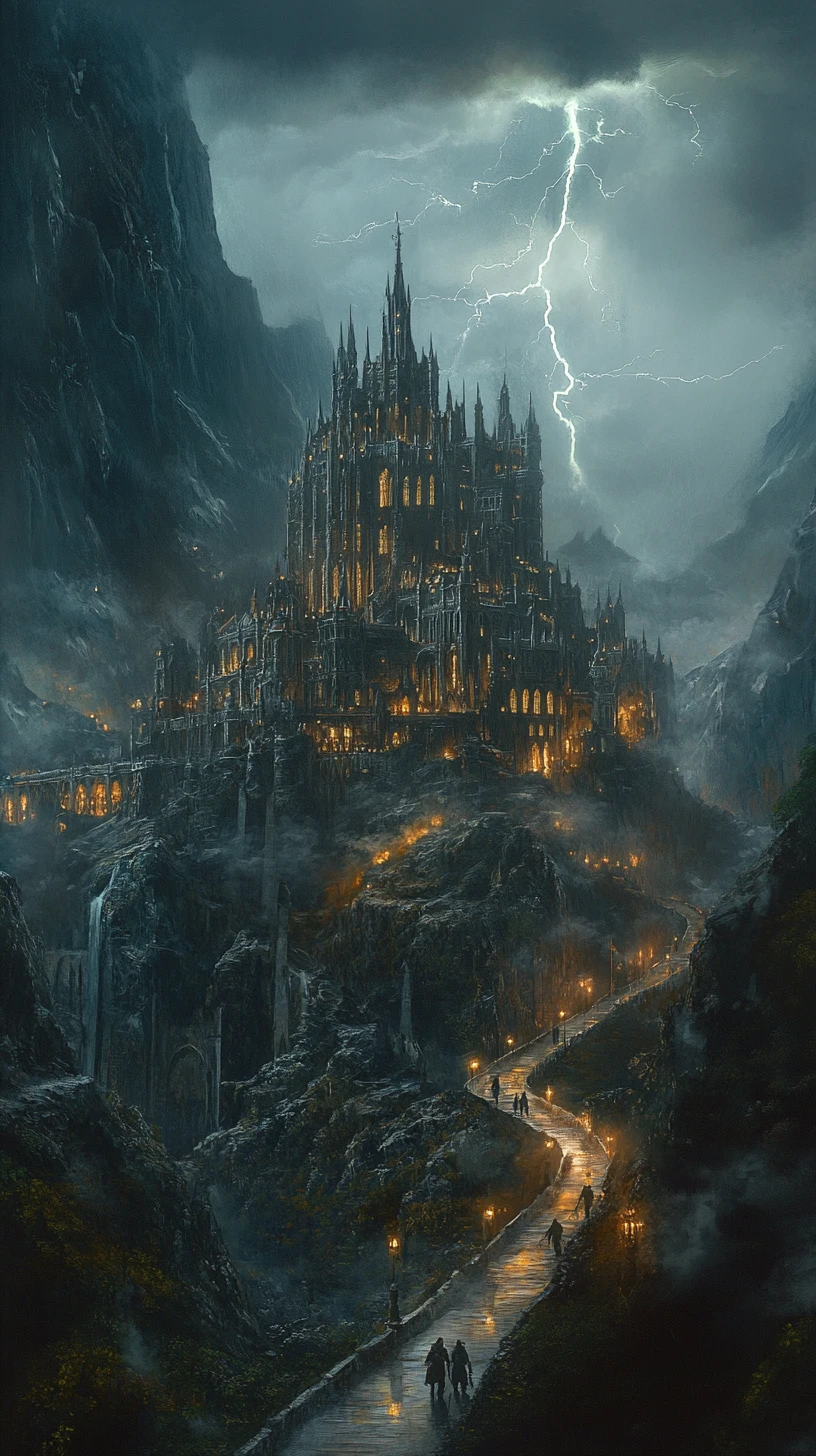 Château gothique de montagne éclairé par les orages et de lointains voyageurs