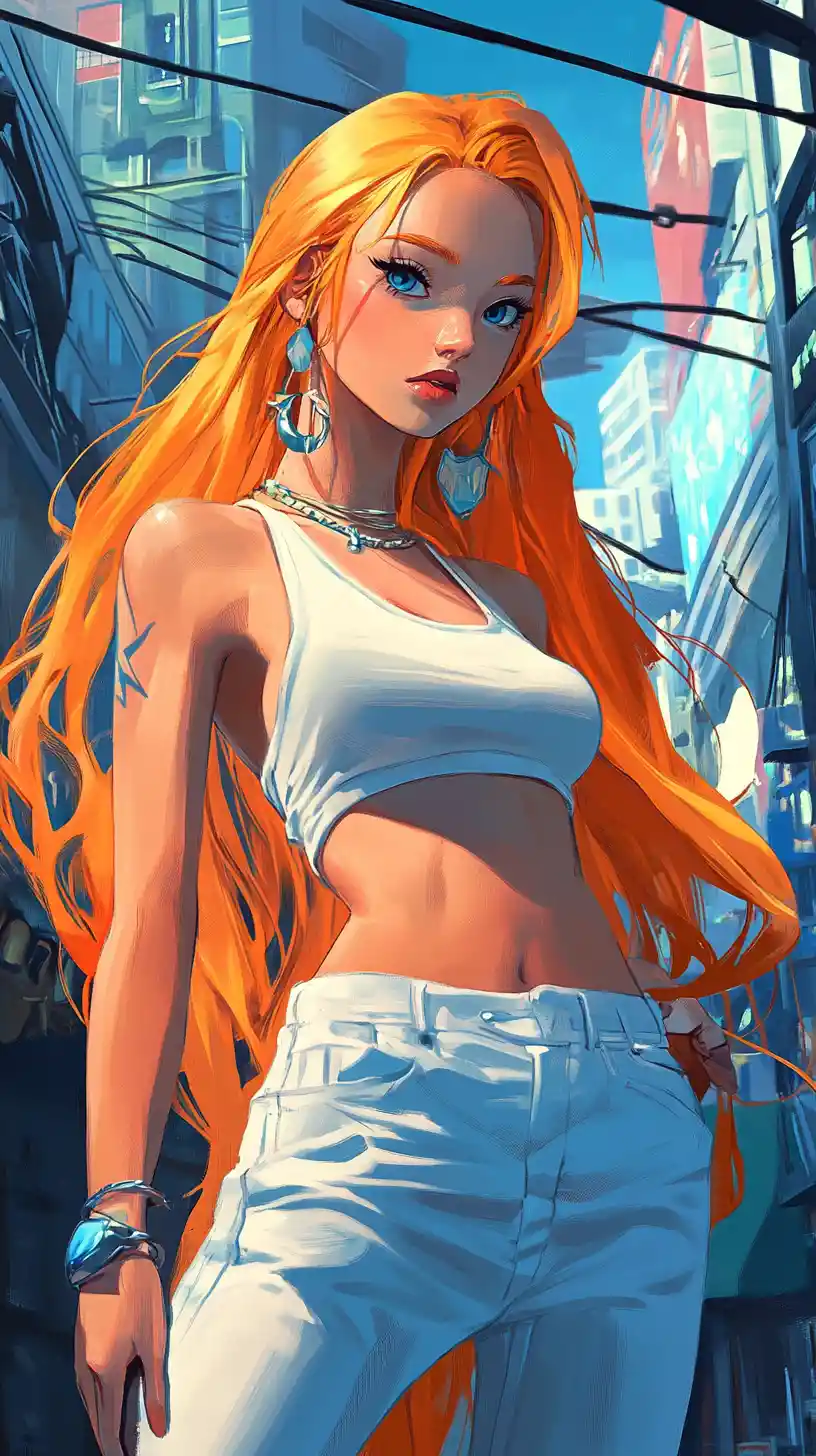 Anime woman with blue eyes in a modern city street