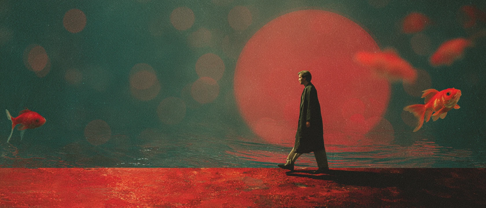 Surreal fiery red diorama in minimalist collage style
