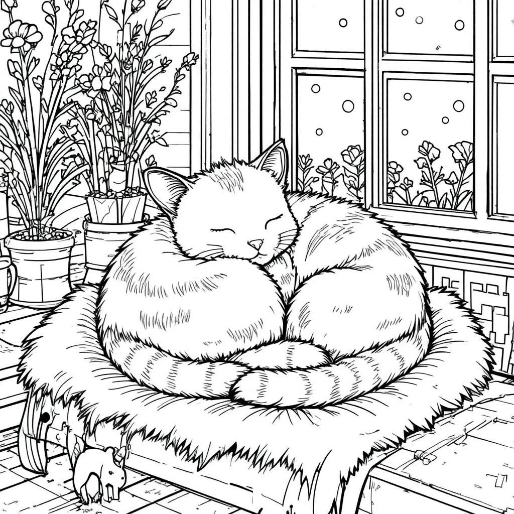 Cozy line art cat curled on blanket by window