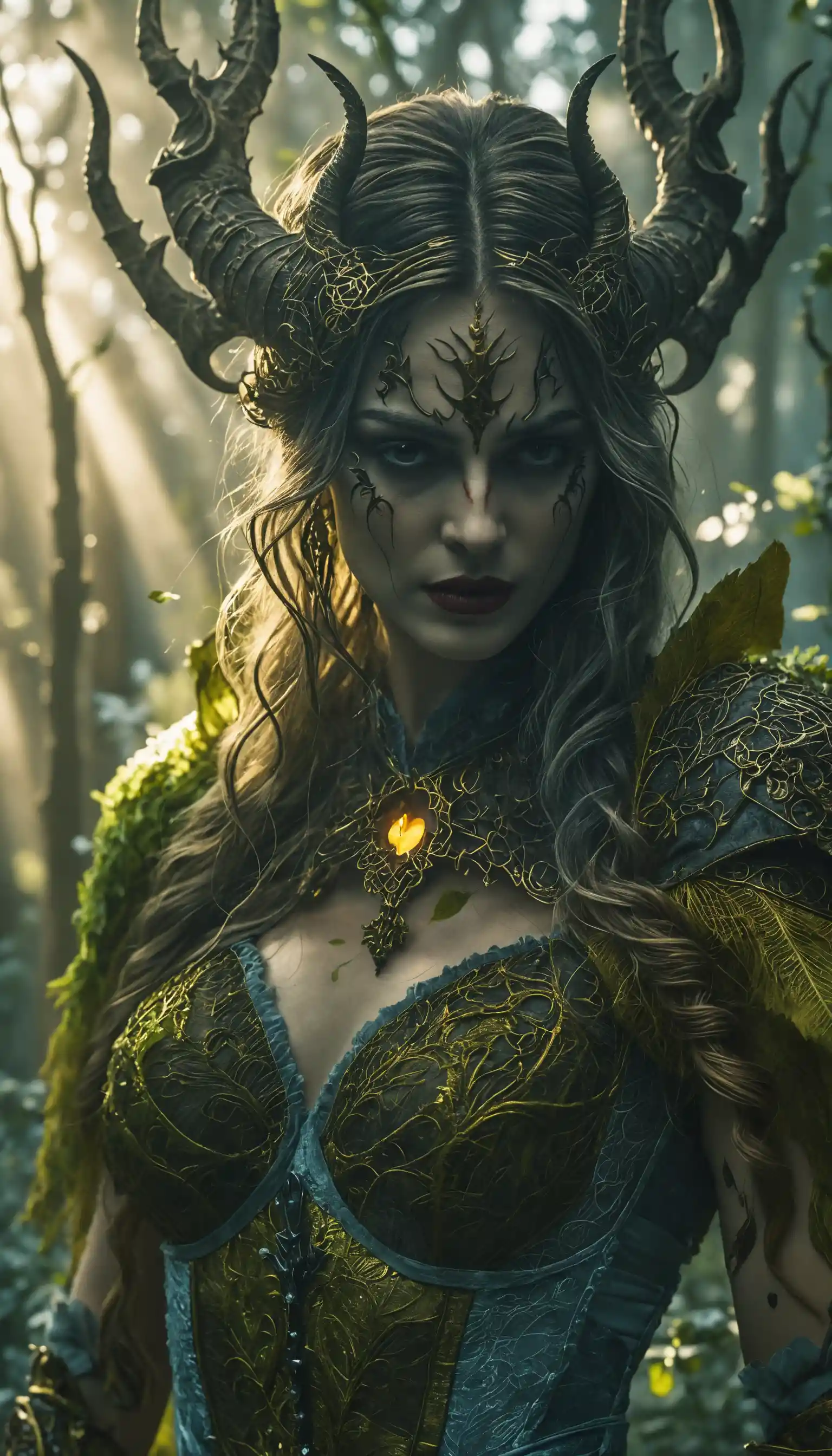 Cinematische Gothic-Fantasy-Frau in einer ätherischen mondbeschienenen Szene