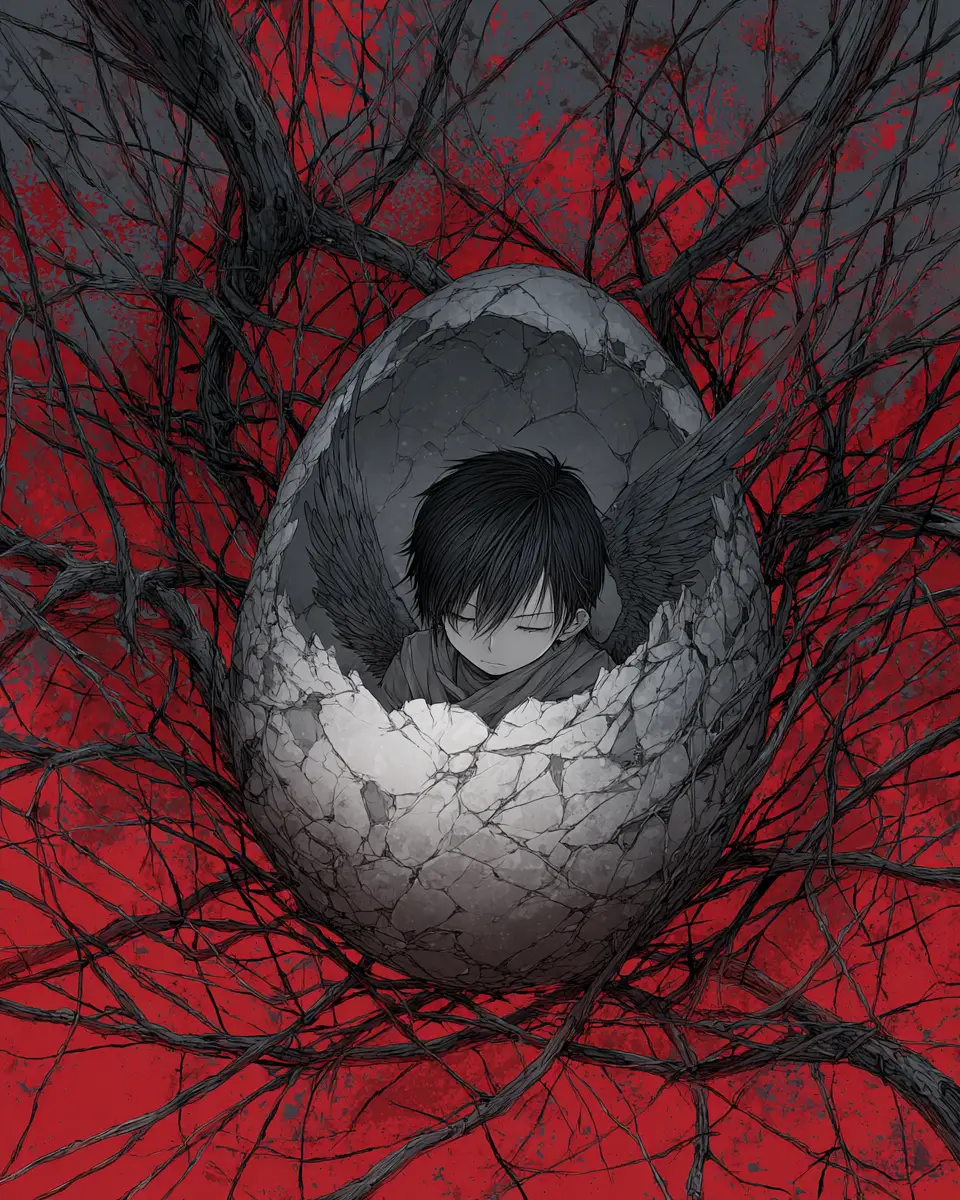 Anime boy with black wings emerging from broken egg