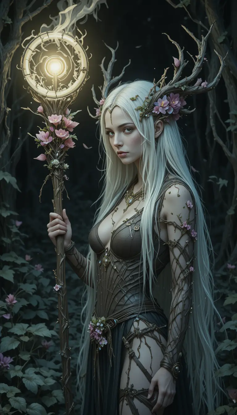 Forest nymph with glowing staff in a dark fantasy scene