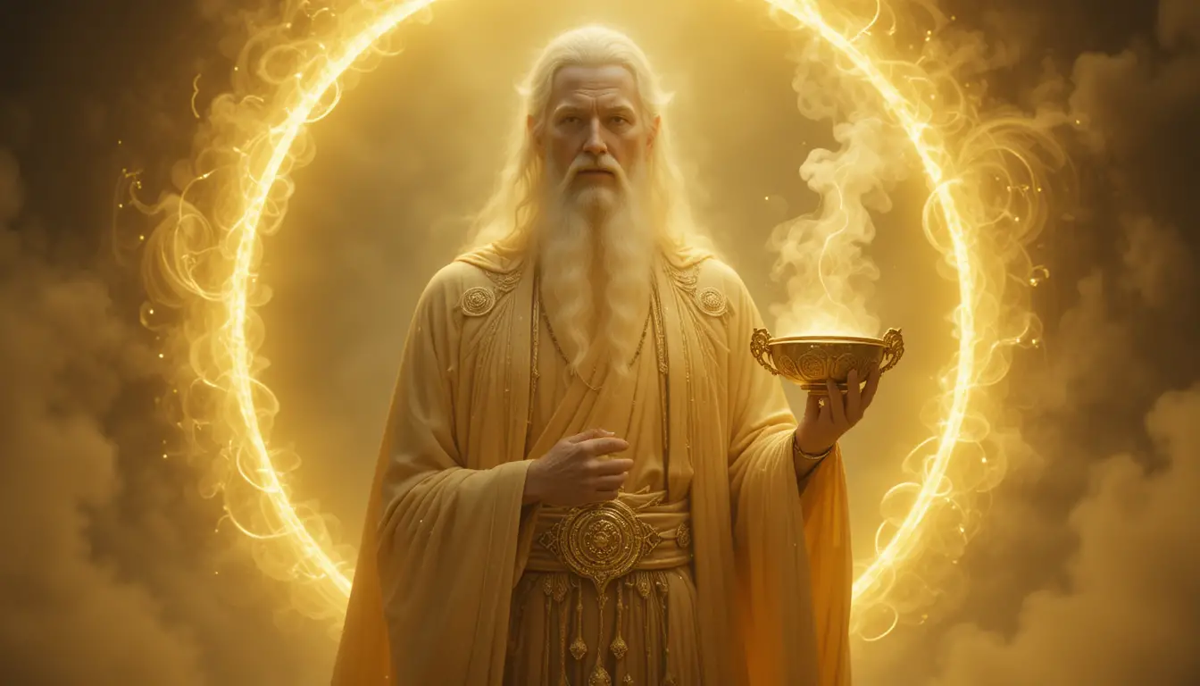 Mystical healer holding golden censer in glowing aura