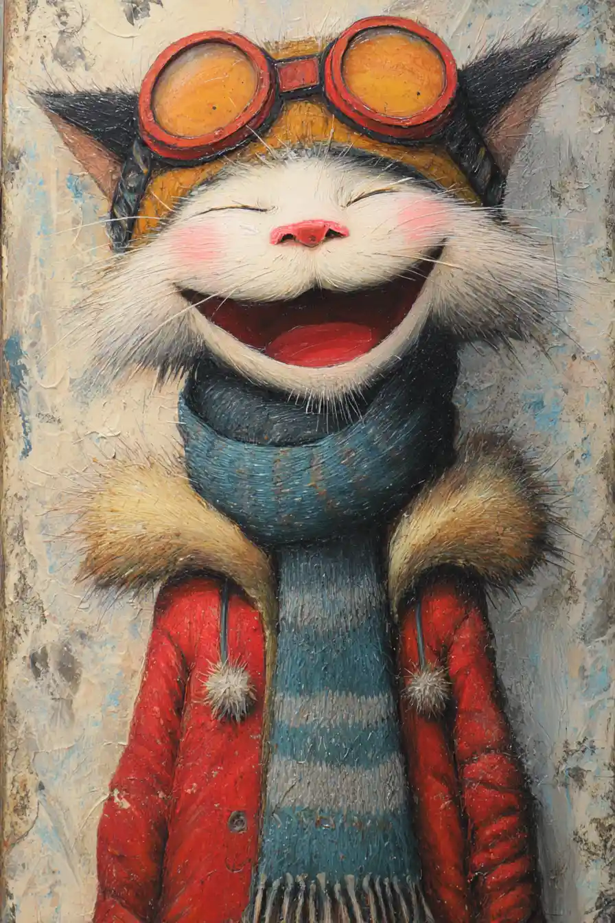 Laughing cat trying on winter outfit in fashion store