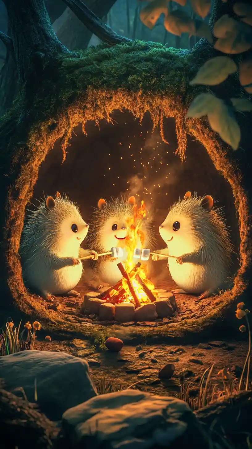 Cozy mole burrow with campfire and roasting marshmallows