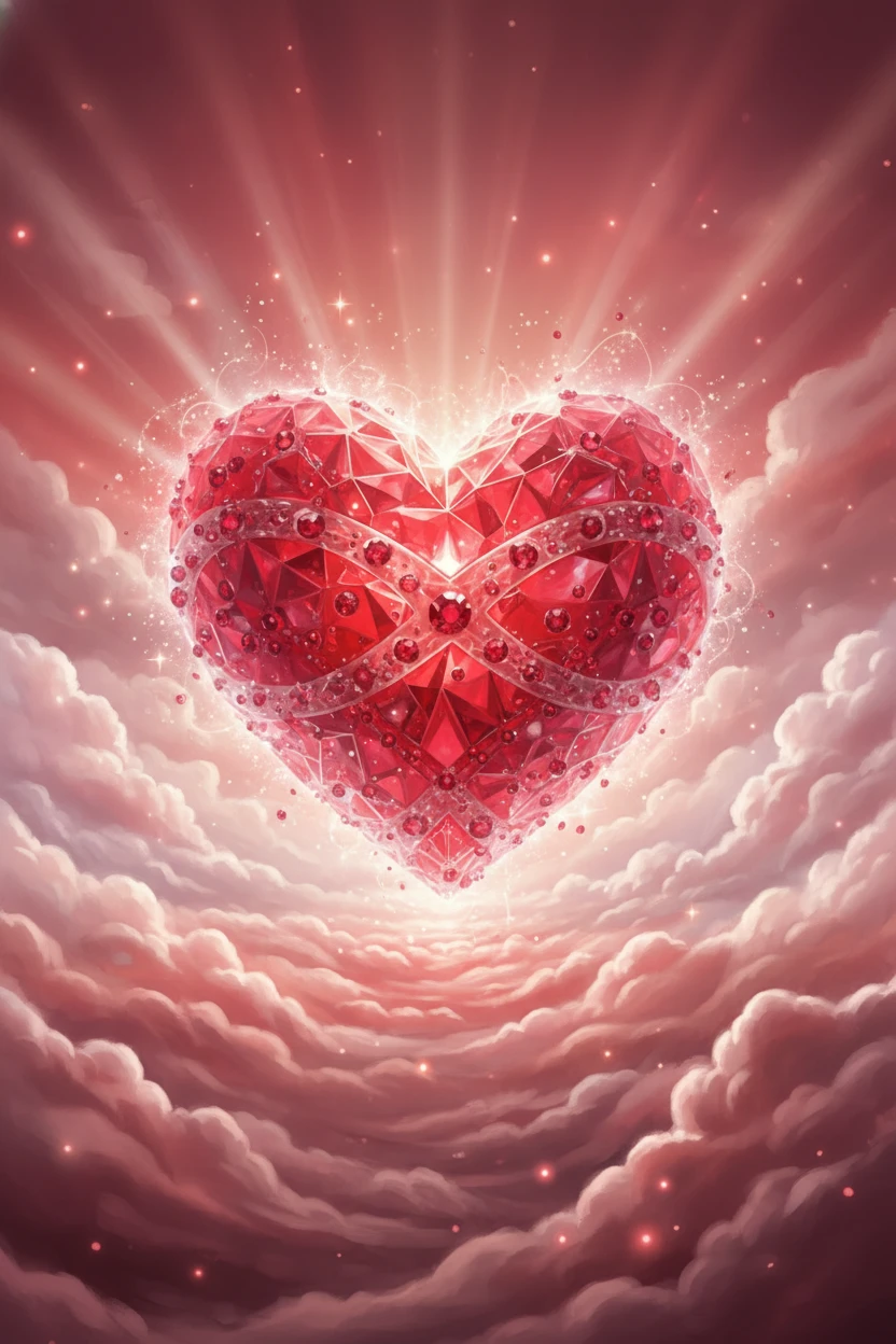 Glowing Crystal Red Heart Amid Soft Dreamy Clouds