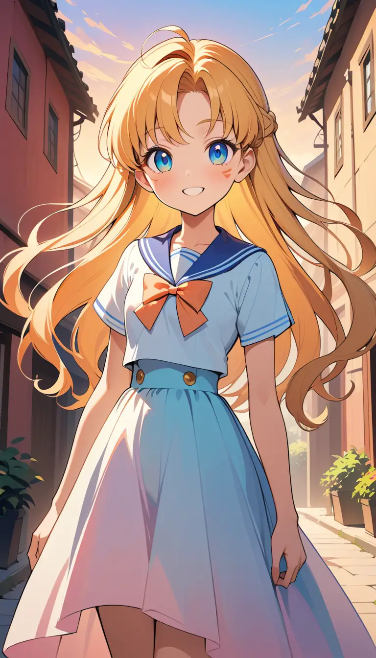 Smiling blonde anime woman at golden hour outdoors