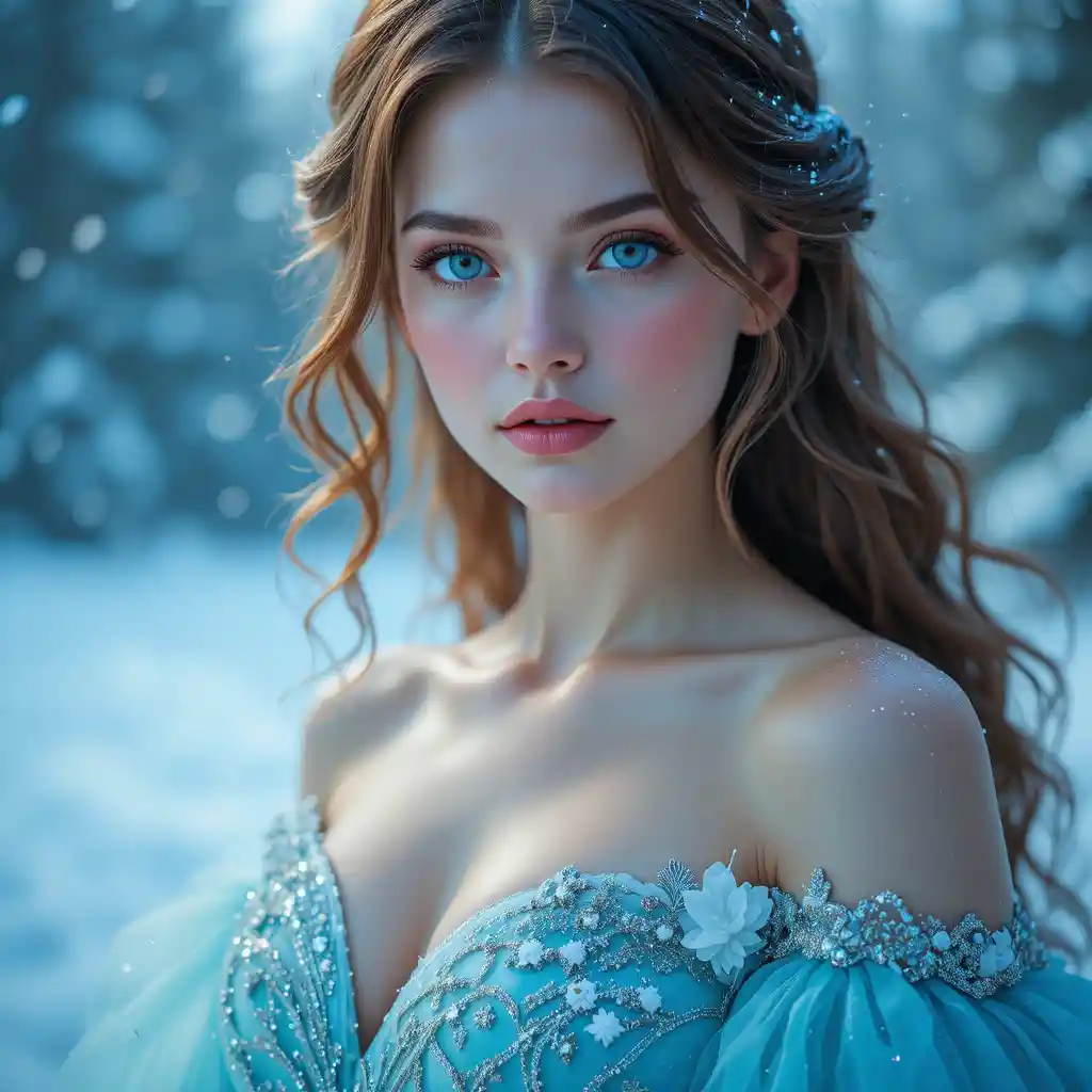 Mystical girl in blue gown against falling Arctic snow