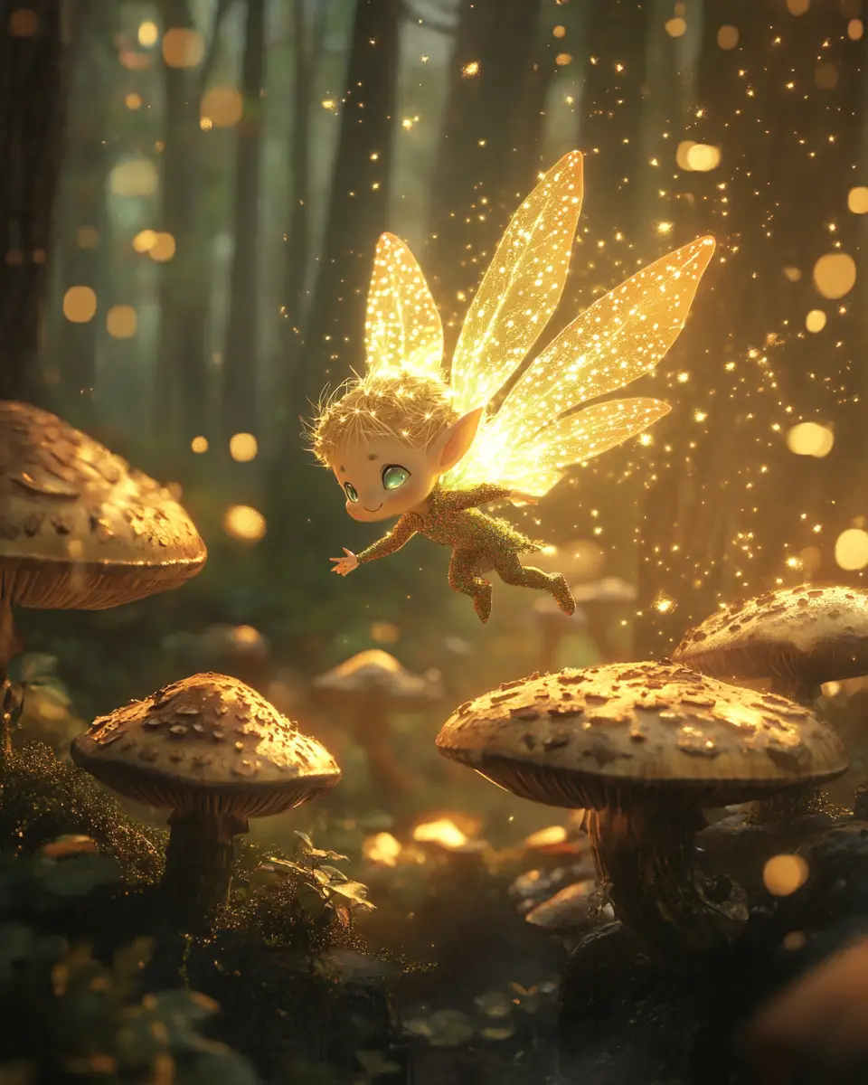Tiny forest sprite among glowing mushrooms in misty woods