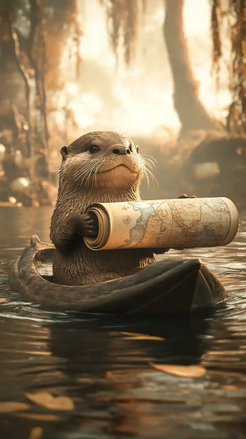 Curious otter explorer floating with a nautical map